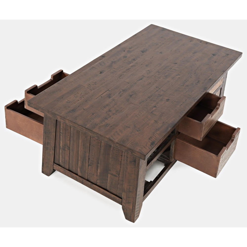 Jofran Painted Canyon Rustic Solid Acacia Box Coffee Table with Pull-Through Drawers and Caster Wheels