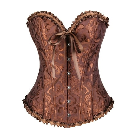 SnnmBlm Women s Lace Up Corset Boned Floral Overbust Bustier Bodyshaper Tops Brown S