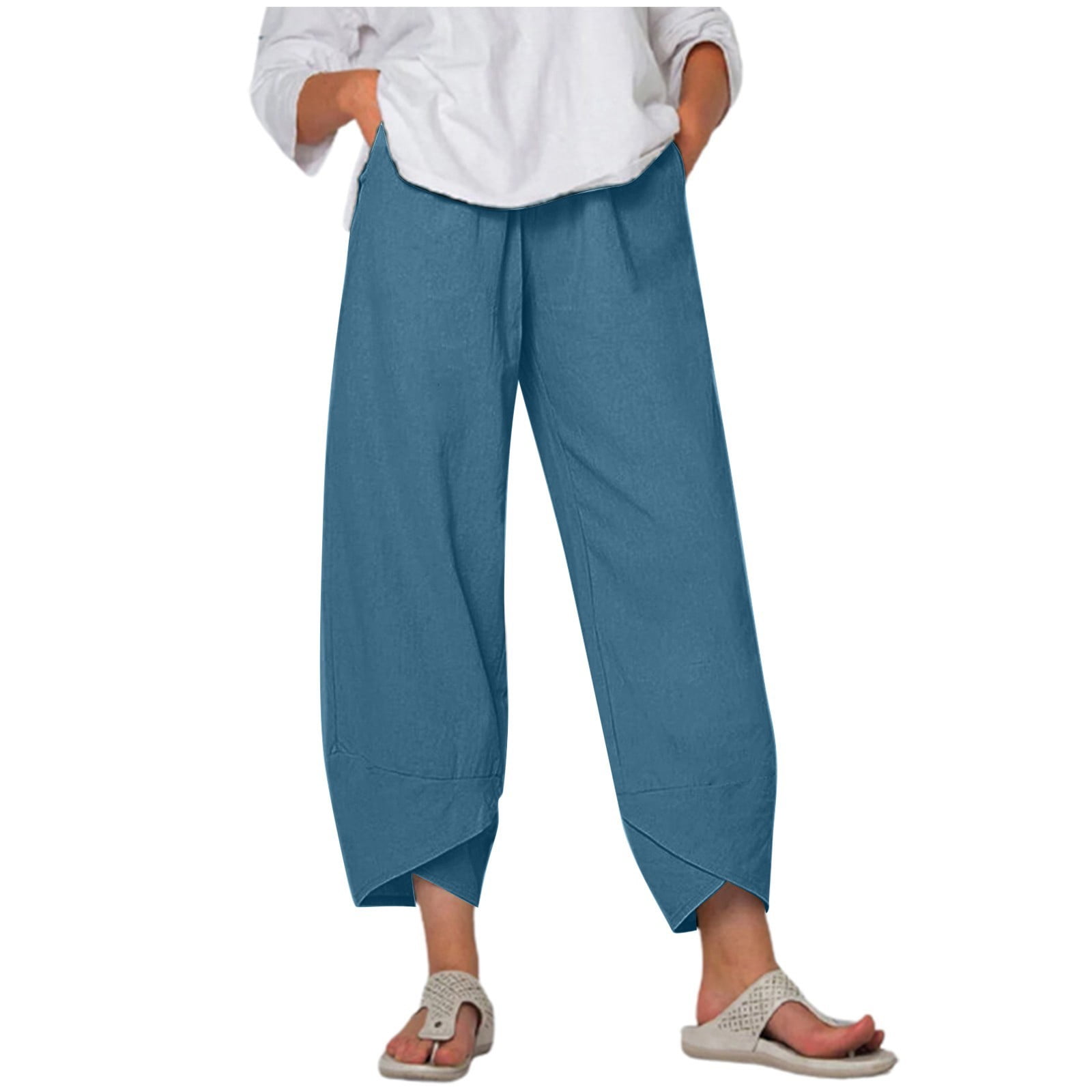 Linen Pants For Women Beach Petite High Waist Solid Summer Cotton Loose ...