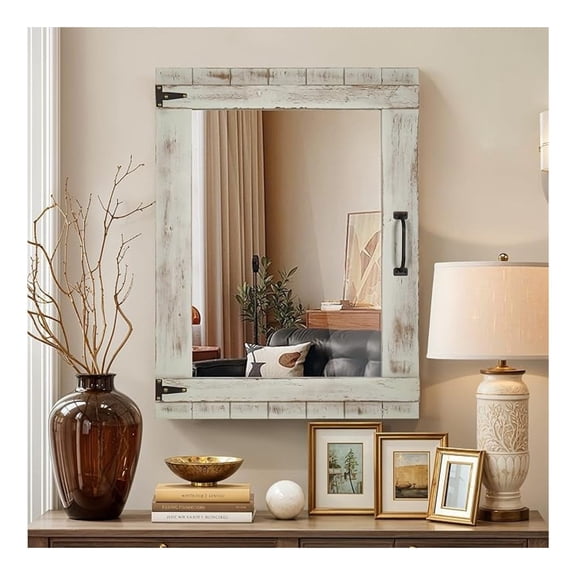 Farmhouse Mirror, 24x32 Inch Distressed Gray Wood Frame with Black Metal Hinges, Rustic Wall Mirror for Bathroom, Living Room, Entryway, Bedroom
