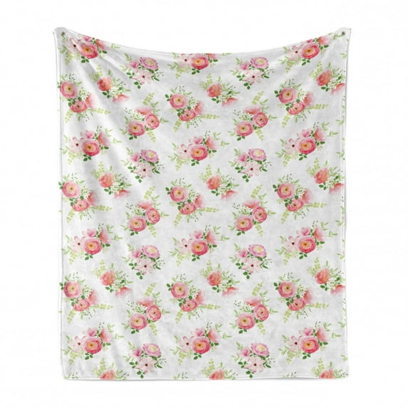 Shabby Flora Soft Flannel Fleece Blanket, Nostalgic Themed Bunch of Magnolia Buds Rococo Poetic Fresh Nature, Cozy Plush for Indoor and Outdoor Use, 60" x 80", Green Pink Off White, by Ambesonne