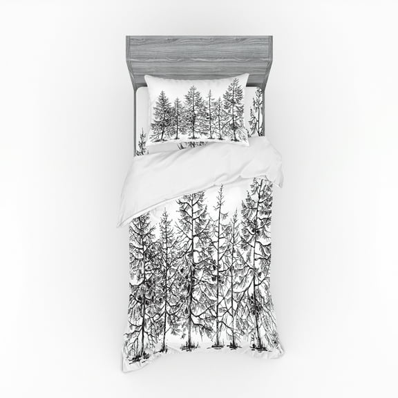 Ambesonne Winter Bedding Set 3 Pcs, Seasonal Pine Tree Landscape, Twin XL, Black and White
