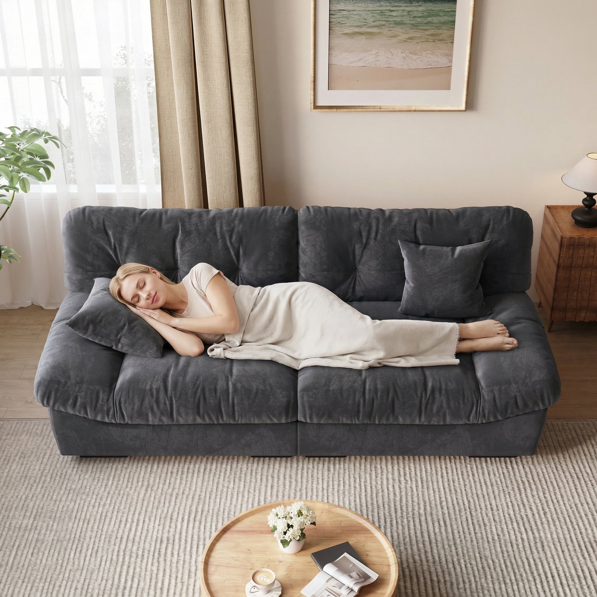 Magic Home 89" Cloud Sofa,Modern Velvet Couch,3-Seat Sofa for Living Room,Apartment and Small Space,Gray