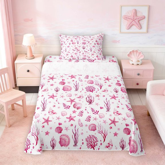 Manfei Watercolor Pink White Seashell Starfish Coral Twin Sheet Sets for Kids Girls, Marine Life Print Bedding 3 Pieces, 1 Flat Sheet, 1 Fitted Sheet and 1 Pillowcase