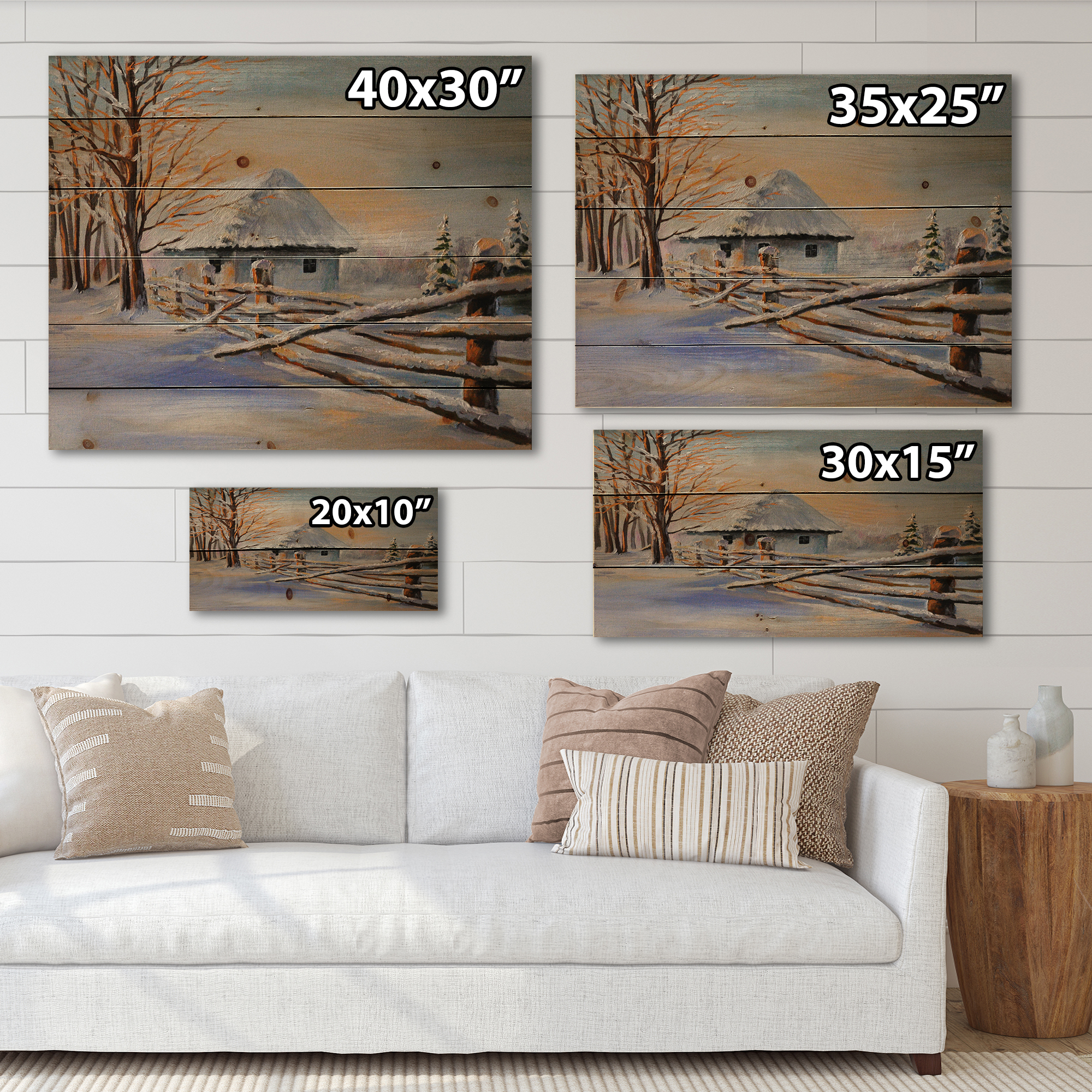 Designart 'Traditional Cottage Covered With Snow In Winter II' Traditional Print on Natural Pine Wood