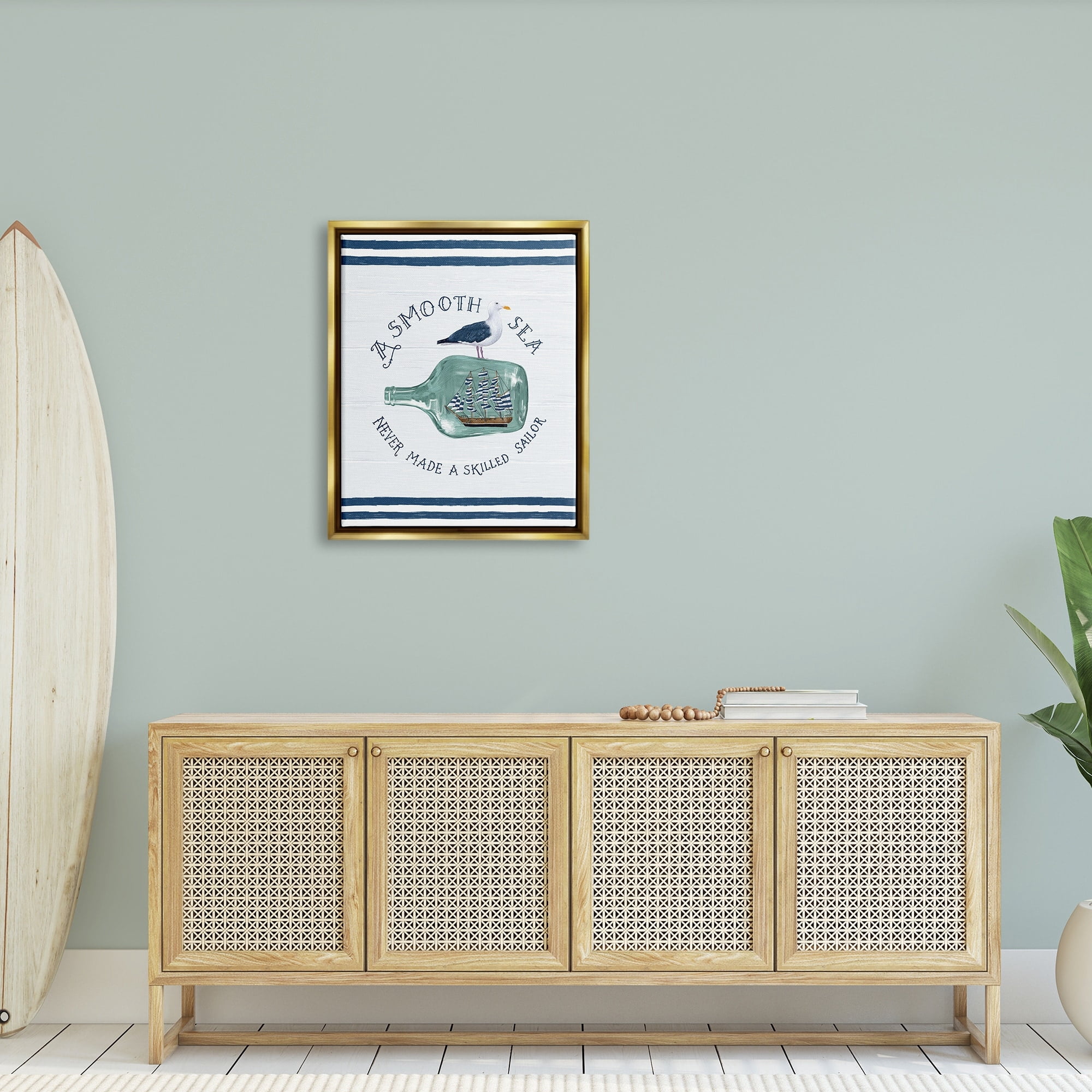 Stupell Industries Nautical Beach Saying Seagull Grainy Stripes Pattern Graphic Art Metallic Gold Floating Framed Canvas Print Wall Art, Design by Raquel Maciel