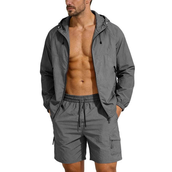 ZUKMRJPC Men's 2 Piece Tracksuits Long Sleeve Full Zip Jacket and Shorts Sets Casual Lightweight Vacation Sun Protection Sets with Pocket