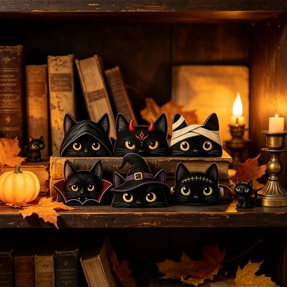 sruoe Vintage Halloween Decorations,6 PCS Halloween Wooden Character Tabletop Decor,Vintage Black Cat Table Decor, Halloween Tiered Tray Decoration,Farmhouse Tabletop Centerpiece