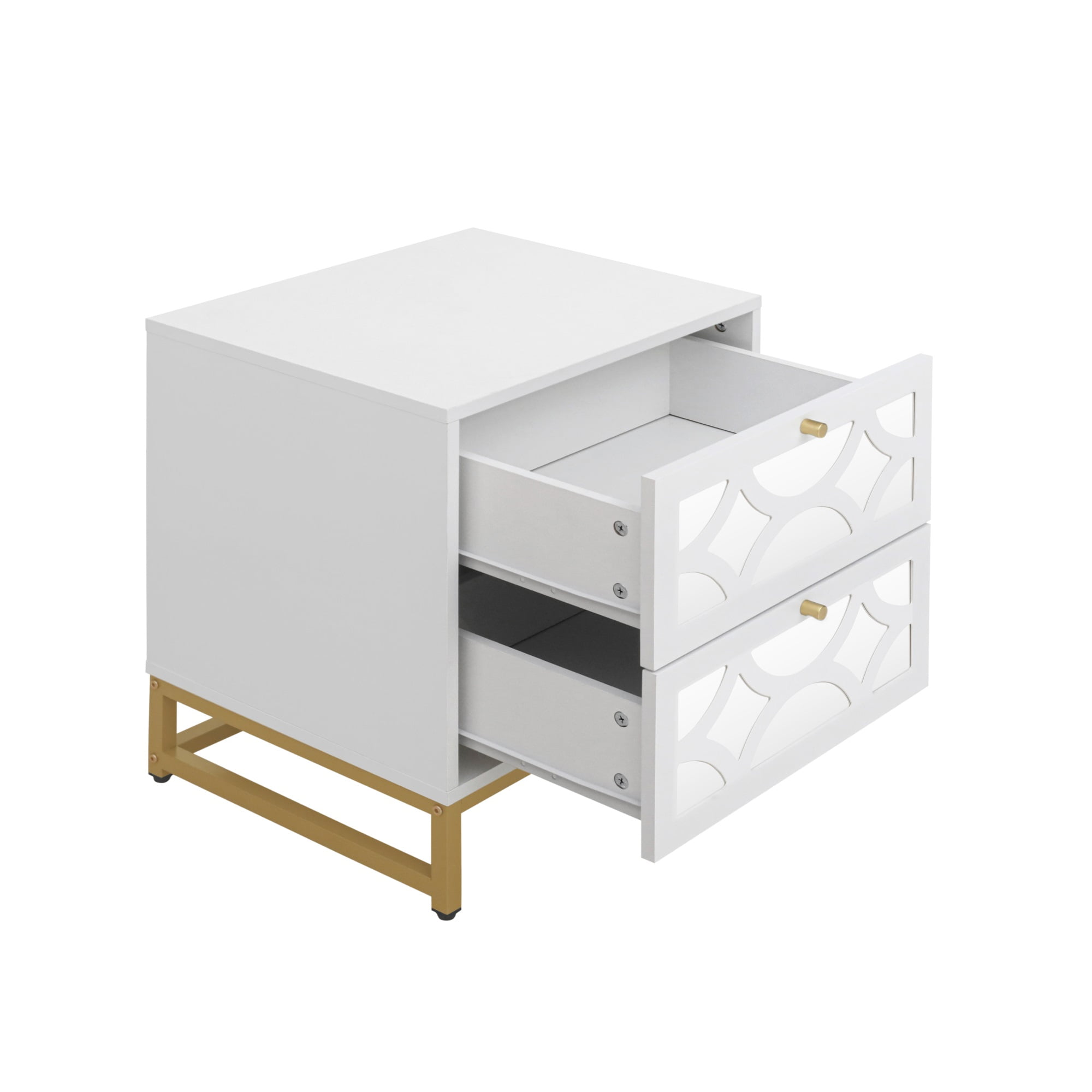 Kepooman Nightstand Side Table with 2 Drawer, Mirrored End Table with Gold Legs for Bedroom, White Bedside Table Kepooman Nightstand Side Table with 2 Drawer, Mirrored End Table with Gold Legs for Bedroom, White Bedside Table