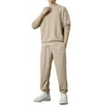 thumbnail image 3 of AWARDER Men's Spring Fall 2-Piece Set, Solid Color Waffle Knit Long Sleeve Round Neck Top and Sweatpants, Comfortable Casual Outfit For Lounge and Home,Beige,L, 3 of 5