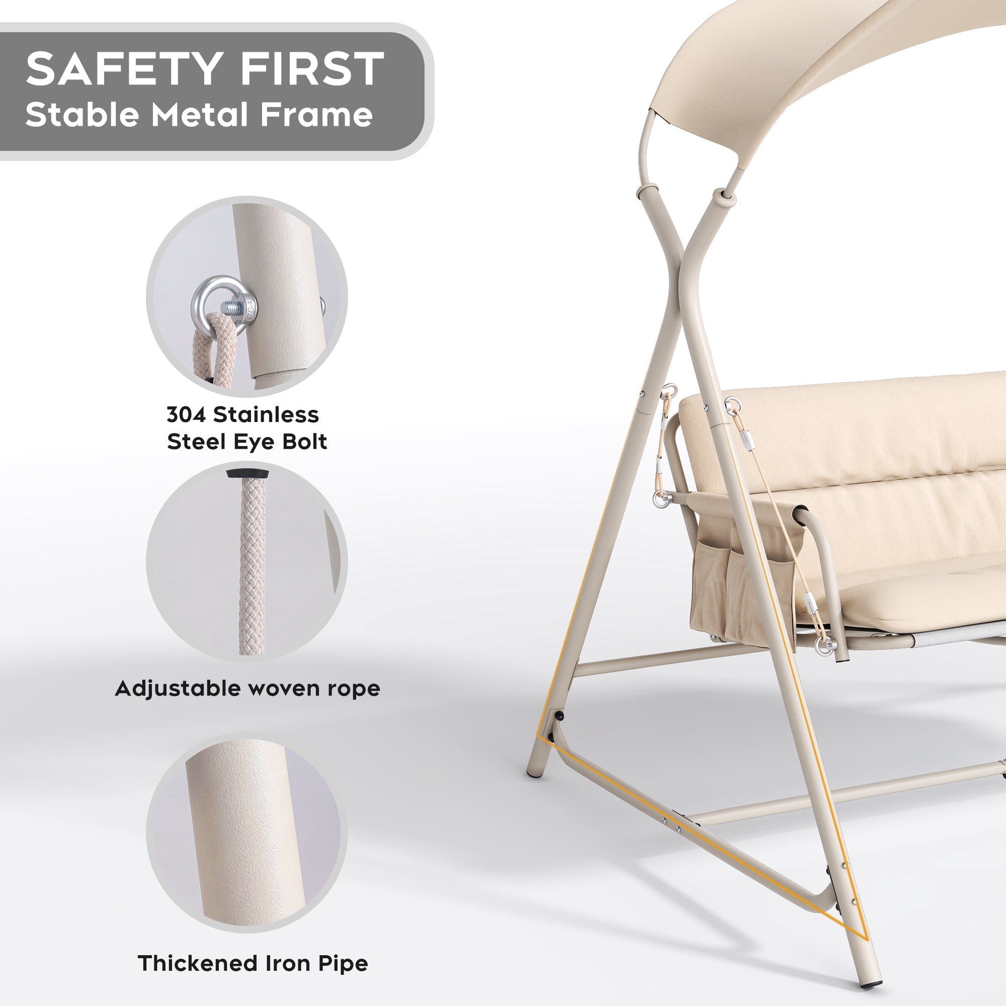 3-Person Outdoor Patio Swing Chair, Heavy-Duty Metal Frame Garden Porch Swing with Cushion