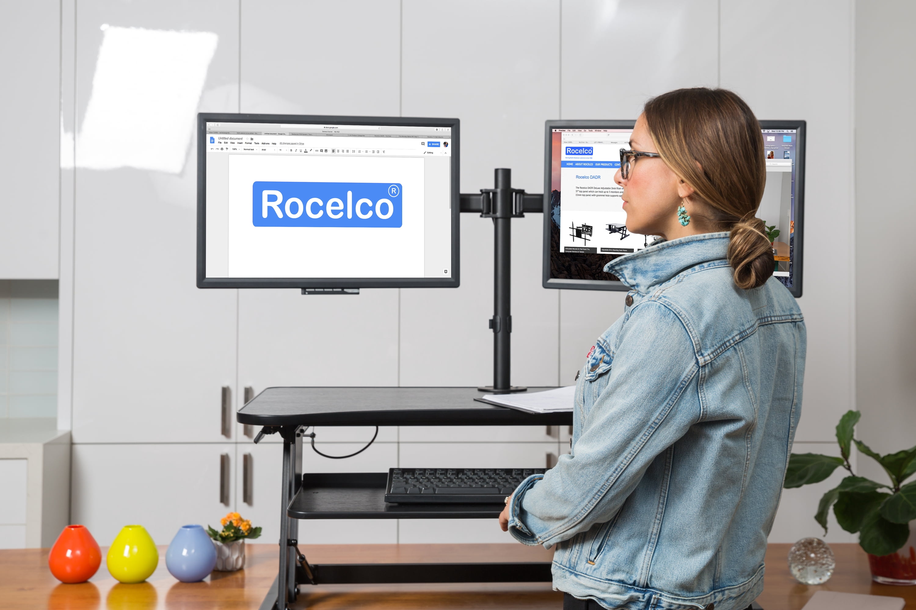 Rocelco 37.5" Deluxe Height Adjustable Standing Desk Converter with Dual Monitor Mount and Anti Fatigue Mat BUNDLE | Sit Stand Up Computer Workstation Riser | Keyboard Tray | Black (R DADRB-DM2-MAF)
