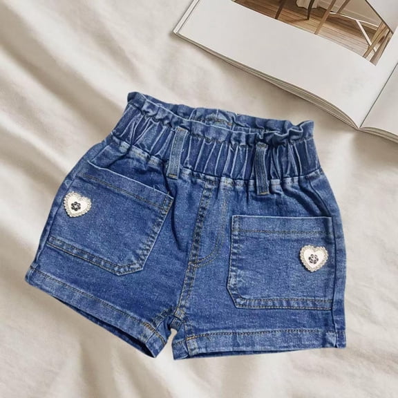 DAETIROS Girls Kids Denim Shorts Heart Applique 100% Cotton High Waisted Adjustable Waist Summer Blue Jean Shorts,Size 5-6T