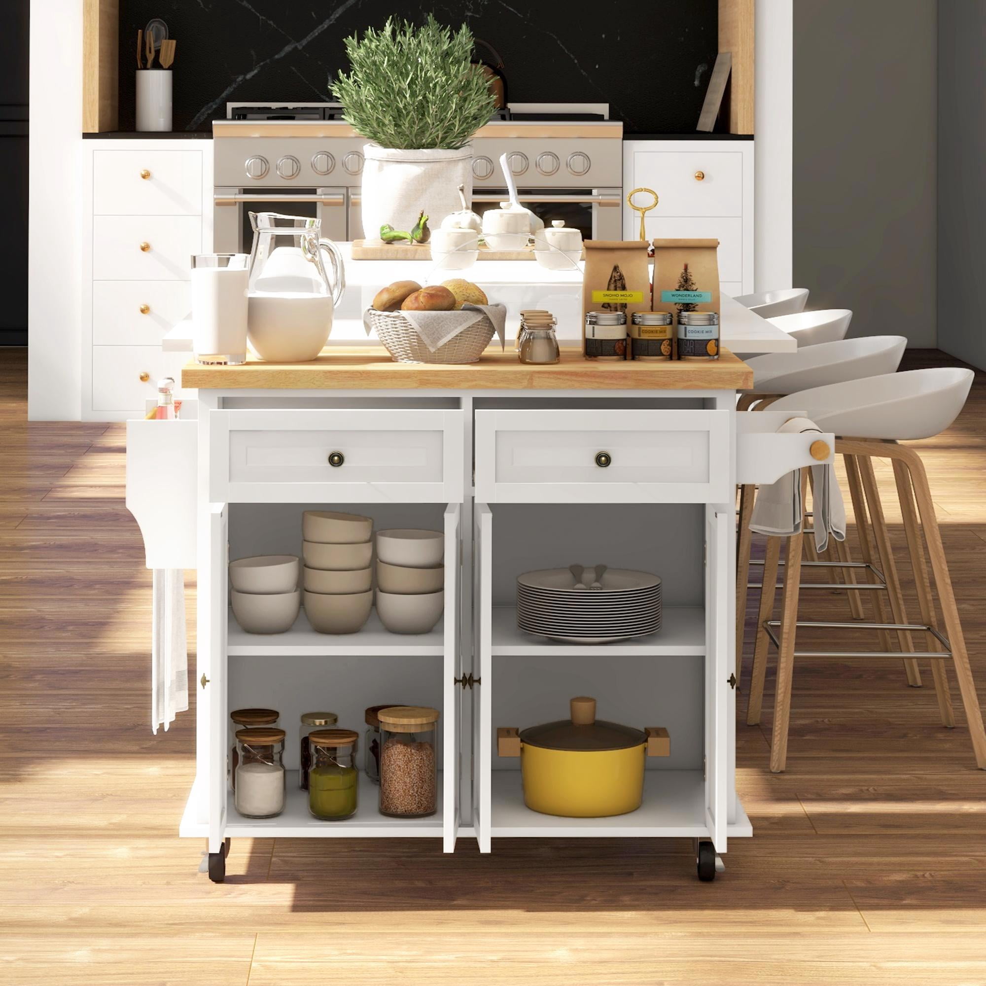 GVN Rolling Kitchen Table, Kitchen Island,Kitchen Island on Wheels, Rolling Cart with Rubberwood Top, Spice Rack, Towel Rack and Drawers, Cream White