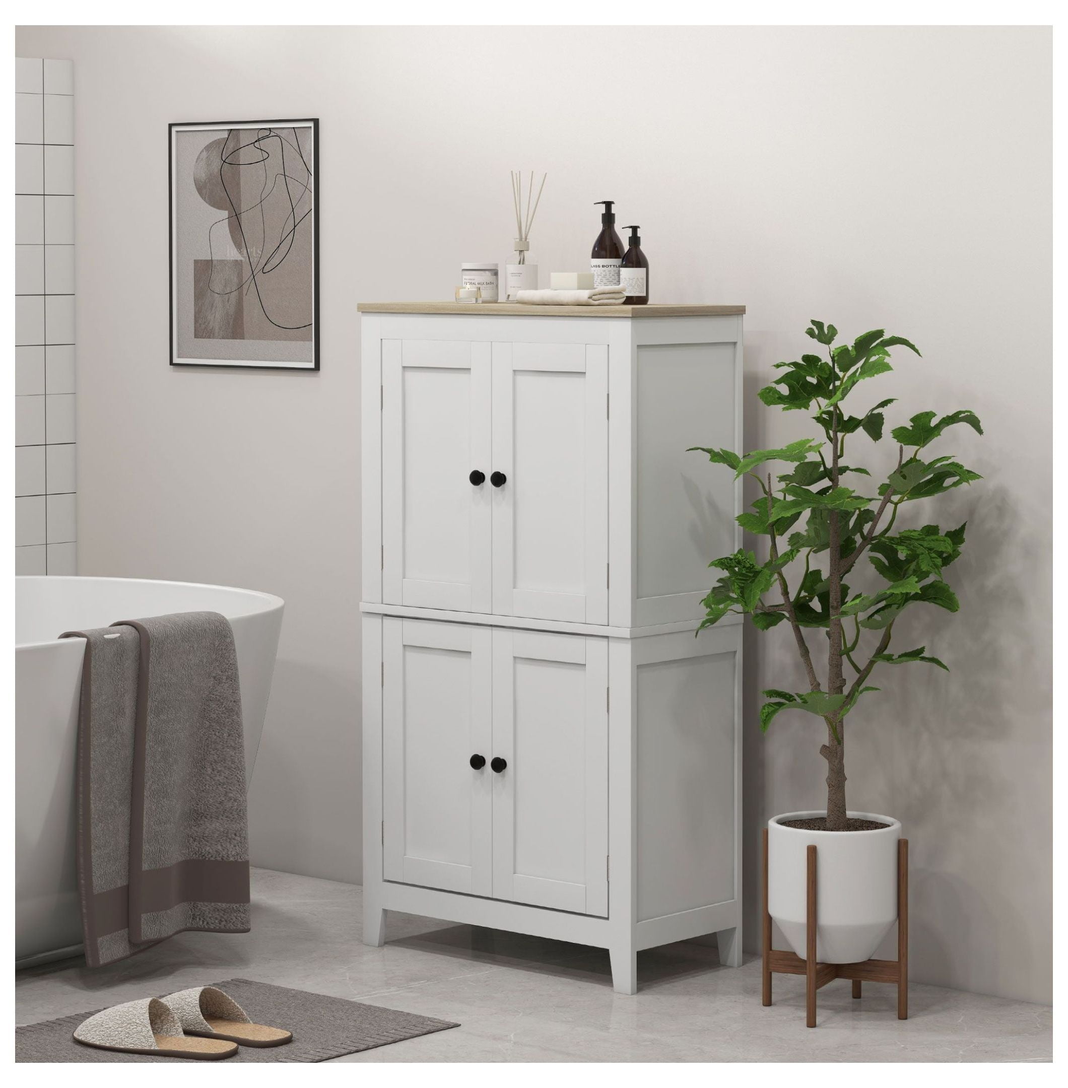 Bathroom Storage Cabinet, White Floor Cabinet with Doors & Adjustable Shelves