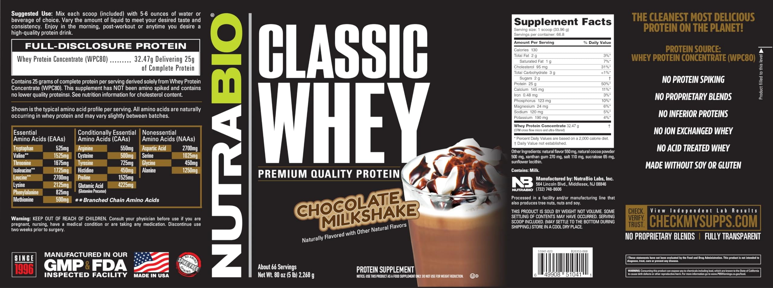 NutraBio Classic Whey Protein Powder- Full-Spectrum Amino Acid Profile - No Fillers, Artificial Colors, Preservatives - Low Glycemic Index - Chocolate Milkshake, 5 Pounds