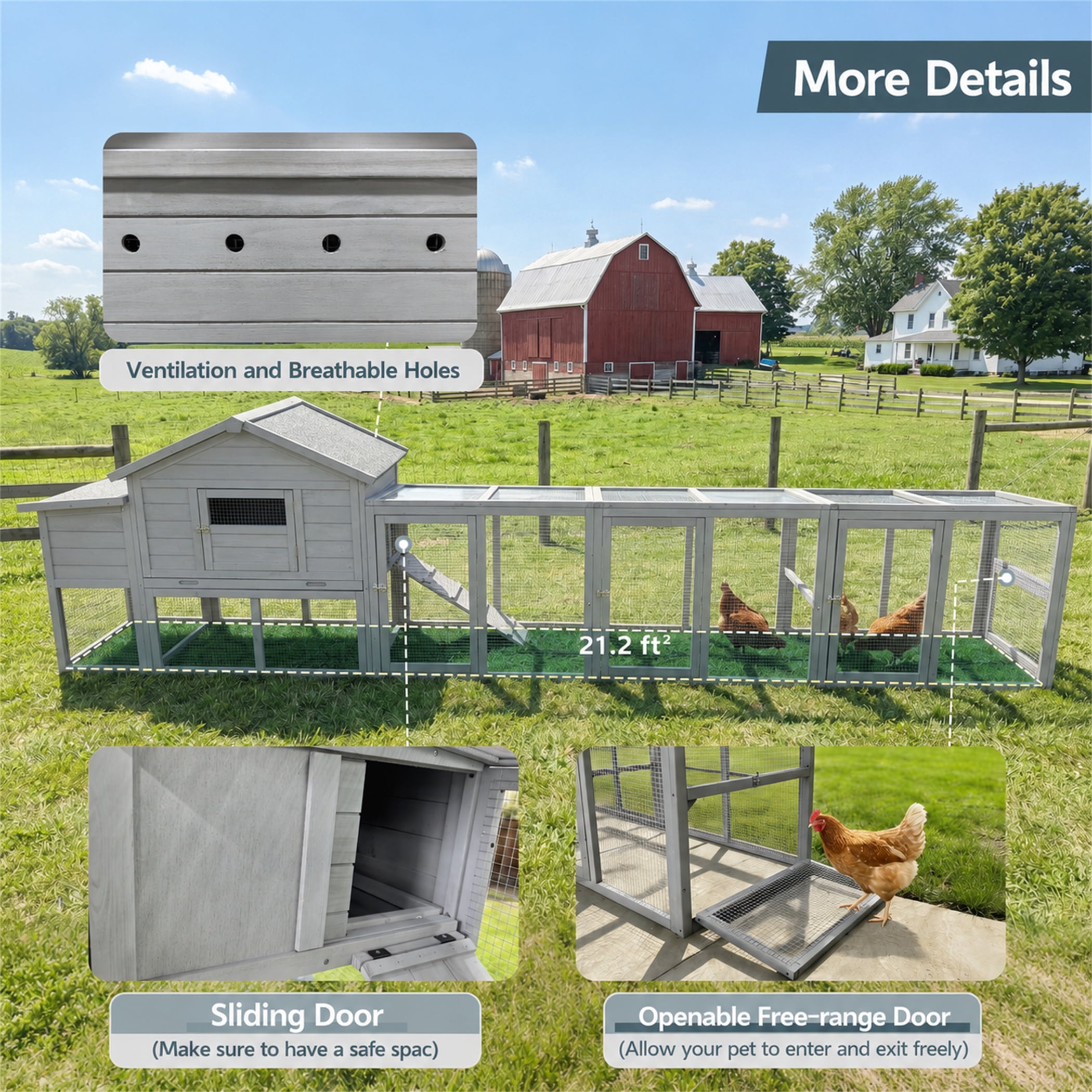 Aukfa 141" Extra Long Chicken Coop Wooden 2 Tier Chicken Run Cage with Nesting Boxes, UV Panel, Free-range Door for Outdoor, Backyard, Gray