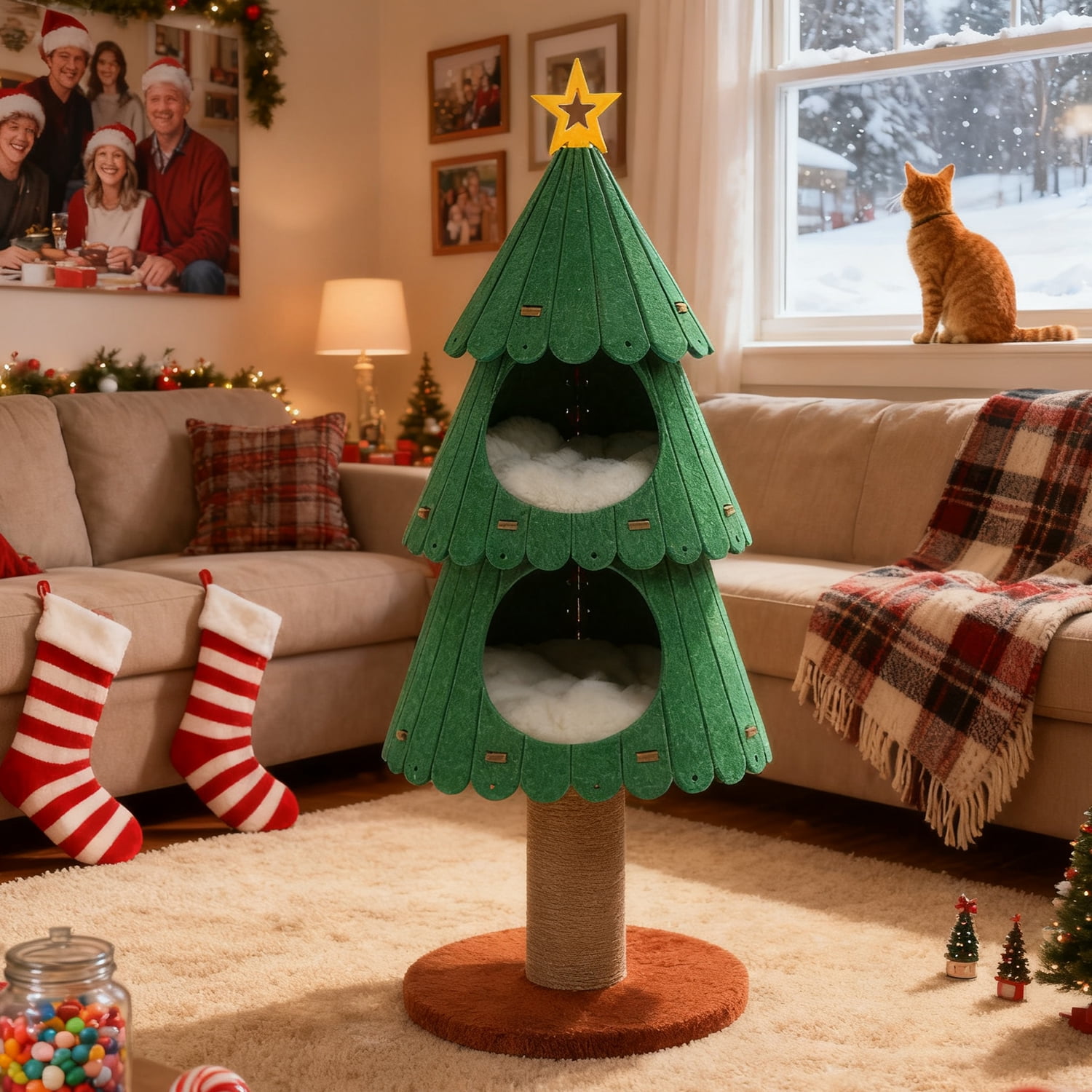 42.9" PEQULTI Christmas Cat Tree for Indoor Cats Cat Tower with 2 Cozy Houses Cat Furniture Green