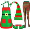 thumbnail image 1 of Conjuntos a juego de disfraces de elfo navideño 2024 para mujeres, niñas y adultos, disfraz de Papá Noel de Navidad, delantal divertido, medias, zapatos, diadema, 1 of 4