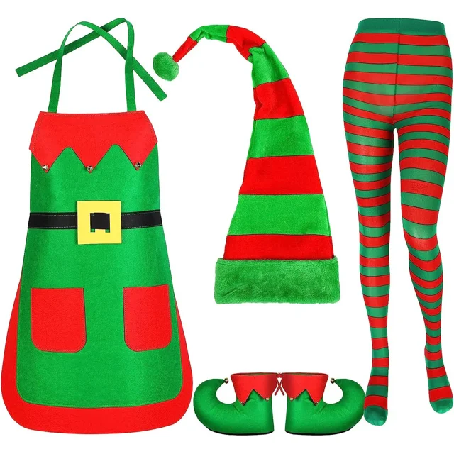 Conjuntos a juego de disfraces de elfo navideño 2024 para mujeres, niñas y adultos, disfraz de Papá Noel de Navidad, delantal divertido, medias, zapatos, diadema