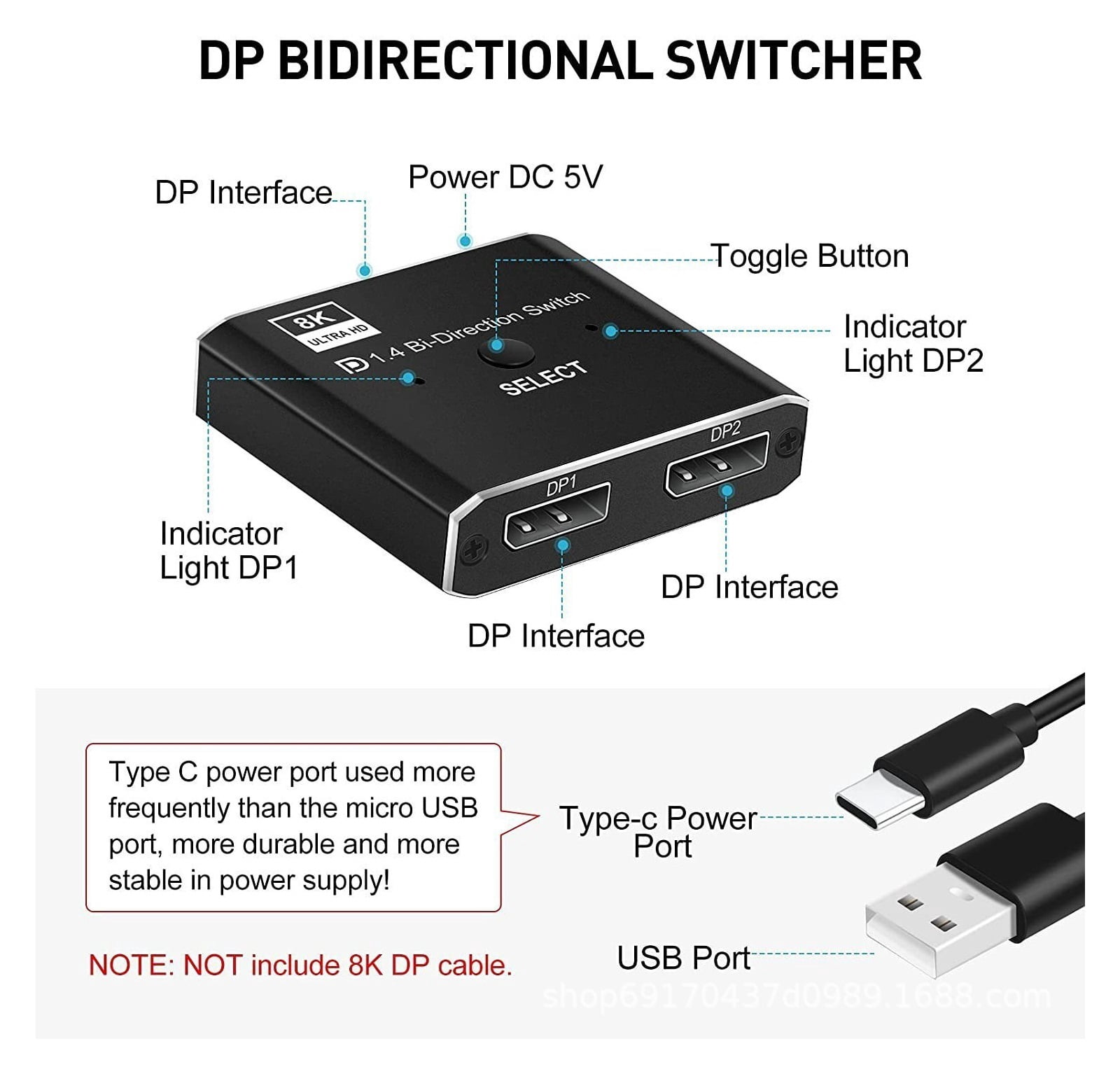 1.4 Switch 8K Displayport Bi-direction Splitter Switcher Displayport KVM 2X1 1X2 Display-port 8K@30Hz,4K@120Hz ,Hd Visual Effect