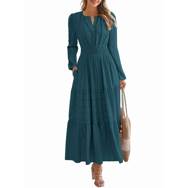 Vestido de Otoño Informal para Mujer, de Larga, Cuello en V, Cintura Elástica, Ligero, para Invitadas de Boda, con Bolsillos Verde Pavo Real S