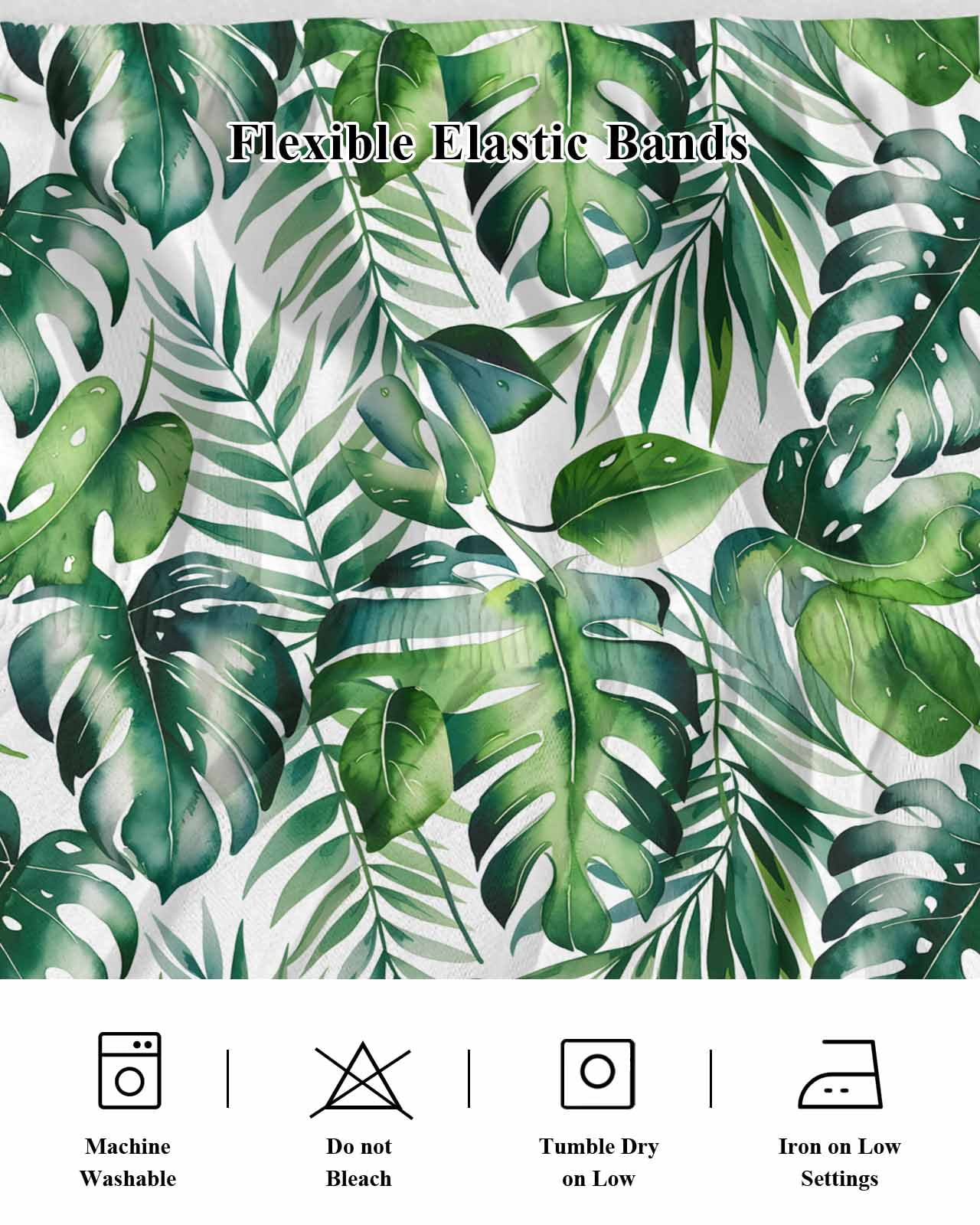 Tropical Bed Skirt Queen Size, Green Palm Leaf Summer Plant Wrap Around Bed Skirting with Adjustable Elastic Strap, Dust Ruffle Pleated Bedskirts 18 Inch Drop for Bedroom Queen Beds