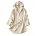 thumbnail image 5 of Qulqfy Cotton Blouses for Women Fall Casual 3/4 Sleeve Solid Beige Work Hooded Button Up Drawstring Dressy Womens Tops L, 5 of 6