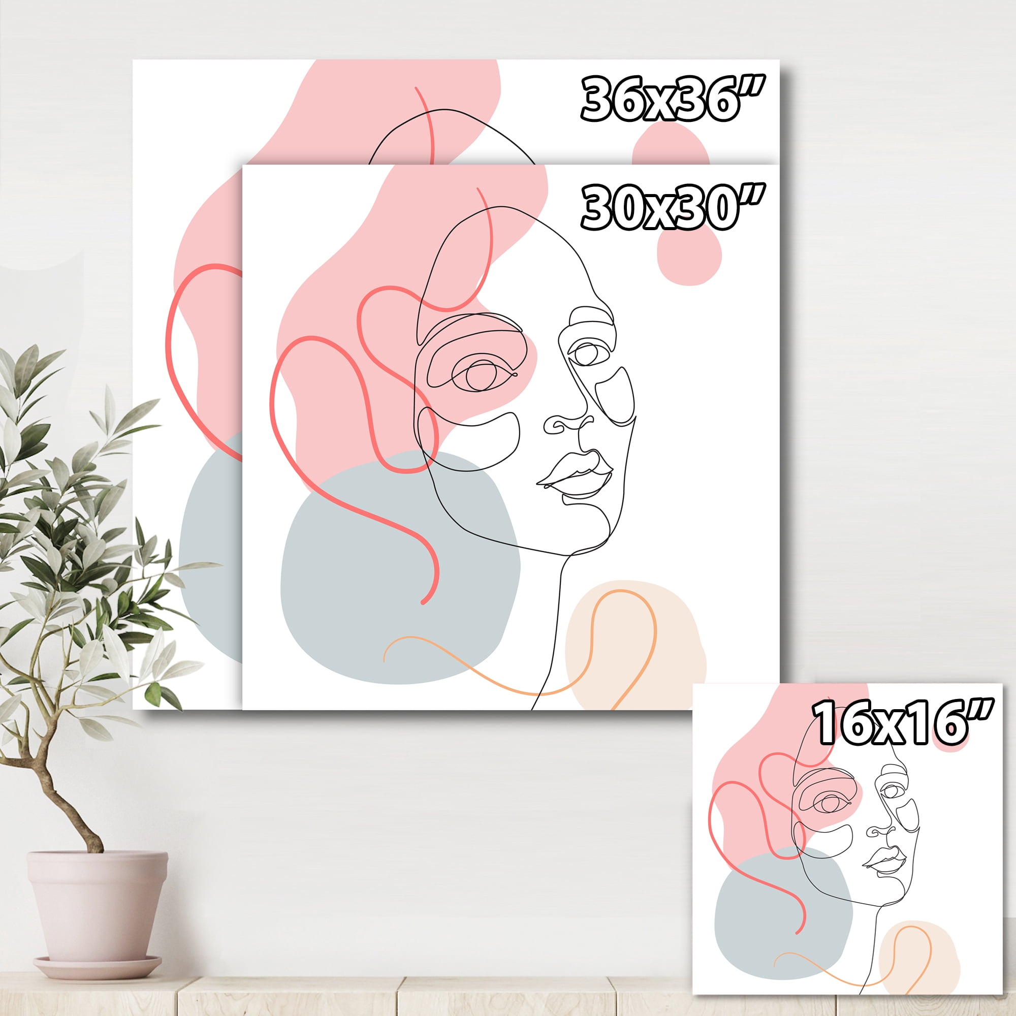 One Line Drawing of Young Girl In Pastel Tones 36 in x 36 in Painting Canvas Art Print, by Designart