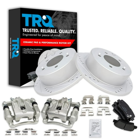 TRQ Rear Performance Brake Pad & Rotor Kit Brake Caliper Brake Pads Brake Rotors Set Ceramic Premium G-Coated Fits Select 2010-2013 Kia Soul