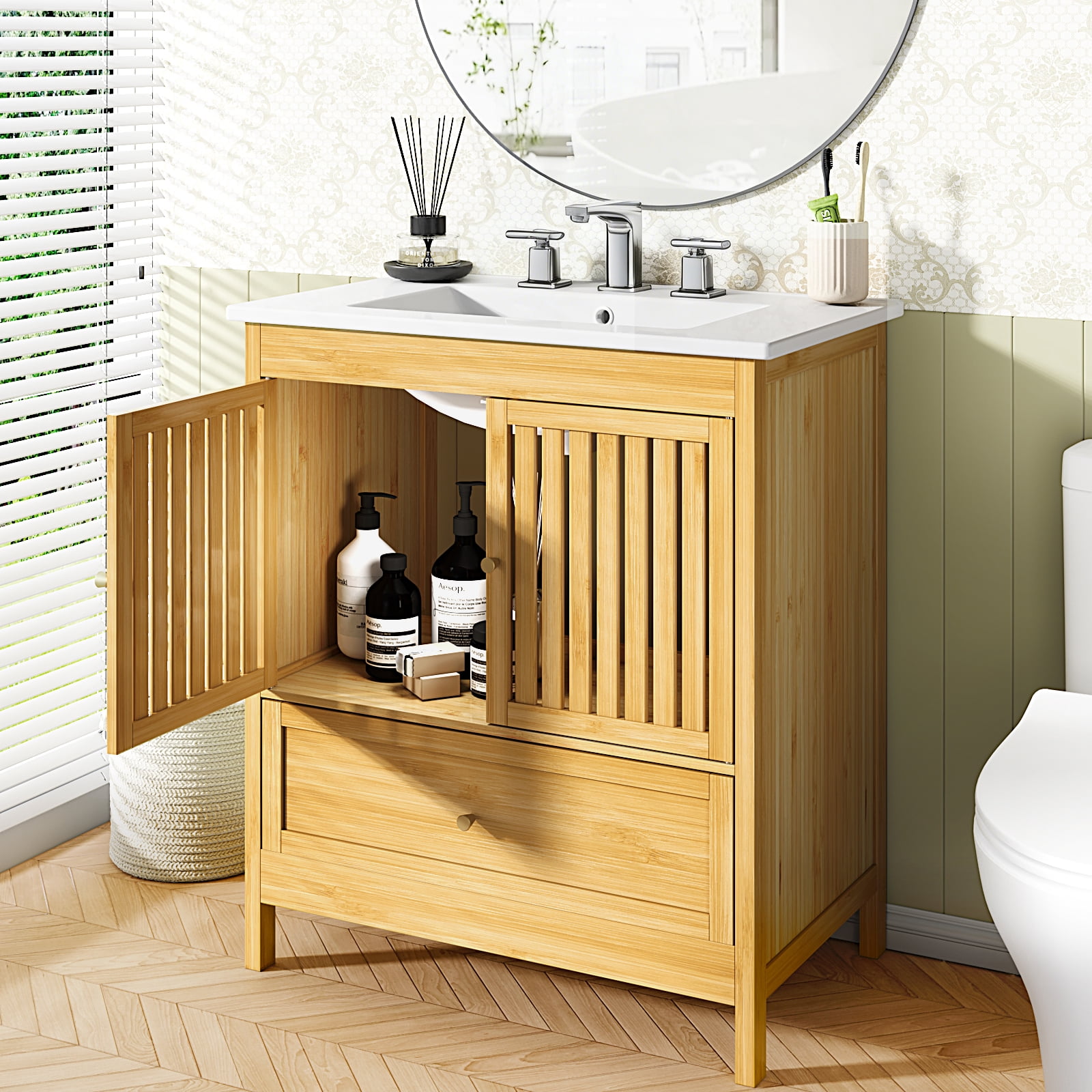 EVOKEDEN 30" Bathroom Vanity w/ Single Sink, Farmhouse Bamboo Storage Cabinet w/ Large Drawer & Built-in Shelves