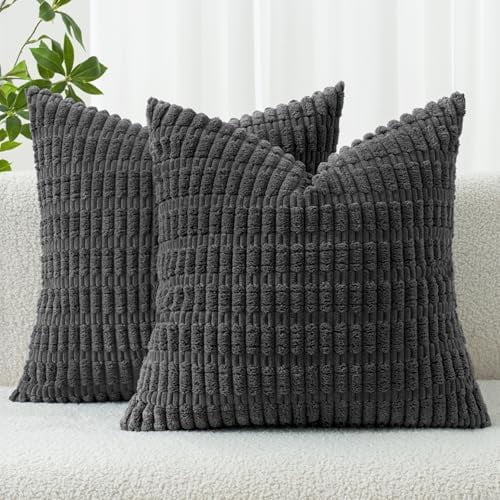 Pack of 2 Corduroy Decorative Throw Pillow Covers 20x20 Inch Soft Boho Striped Pillow Covers Modern Farmhouse Home Decor for Sofa Living Room Couch Bed Dark Grey