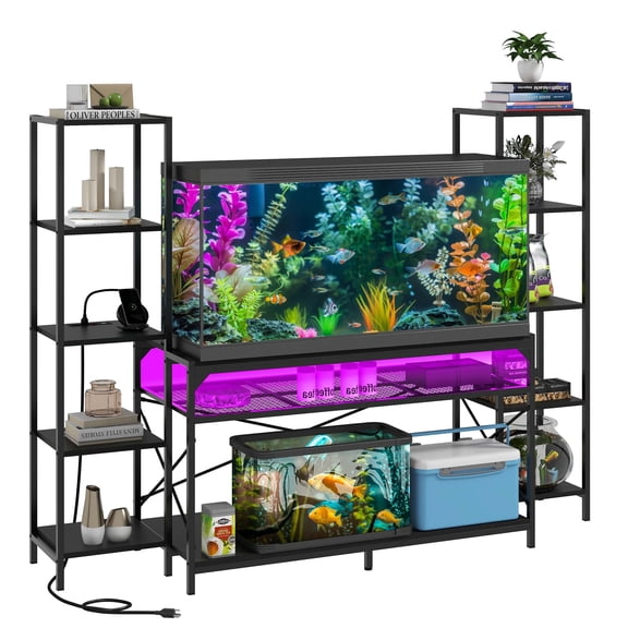 Dextrus Fish Tank Stand Metal Aquarium Stand with Power Outlets & LED Light for 55-75 Gallon Aquarium Bearable 880LBS Capacity, Black