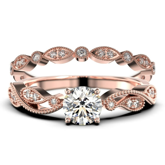 Dazzling Boho & hippie 1.75 Carat Round Cut Diamond Moissanite Classic Inspired Engagement Ring, Unique Twist Band Wedding Ring in 10k Solid Rose Gold, Promise Ring, One Matching Band