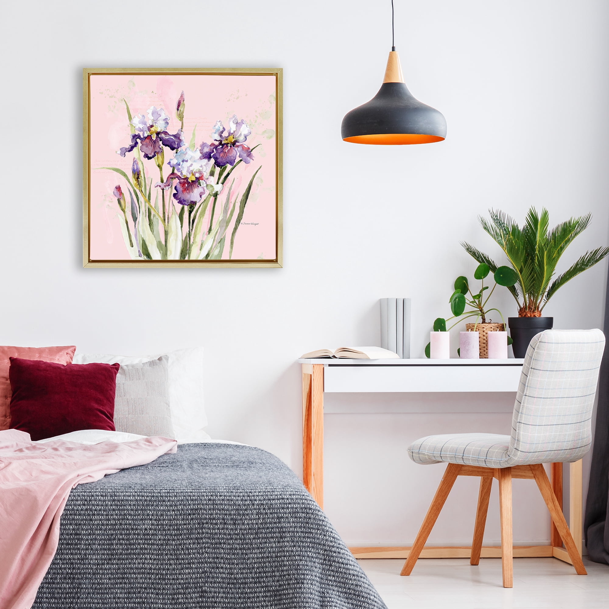 Stupell Industries Purple Irises on Pink Gold Framed Floater Canvas Wall Art, design by Susan Winget