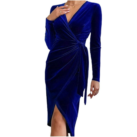 Gamivast Velvet Dress for Women Wedding Guest V Neck Wrap Dress Long Sleeve Cocktail Bodycon Split Dress Ruched Midi Dress for Party Evening formal