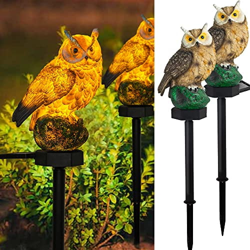 2 Pack Owl Figure Solar LED Lights,Resin Garden Waterproof Decorations with Stake for Outdoor Yard Pathway Outside Patio Lawn Decor to Scare Birds Away,Gifts For Women,Owl Lovers