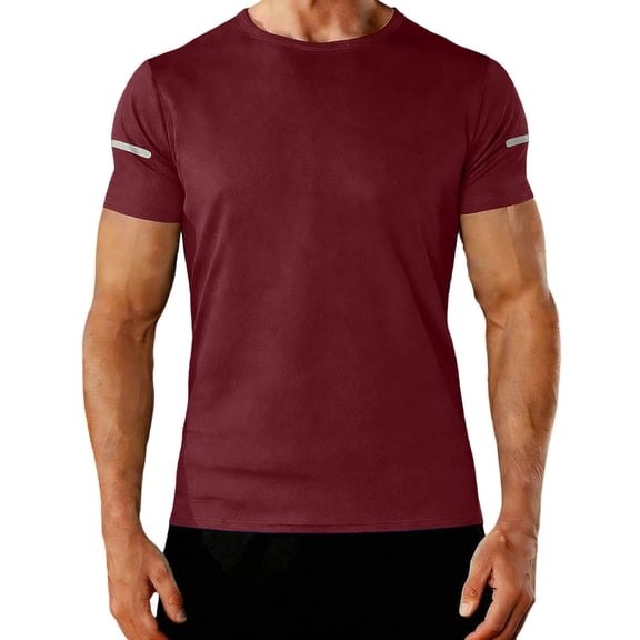 FAWUUDO Men's Quick Dry Top Short Sleeved Round Neck Sports T-Shirt with Reflective Stripes Solid Color Fitness Top Burgundy