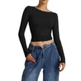 thumbnail image 2 of Women'S Crewneck Long Sleeve Shirt Double Lined Basic Tees Side Ruched Going Out Crop Tops, 2 of 10