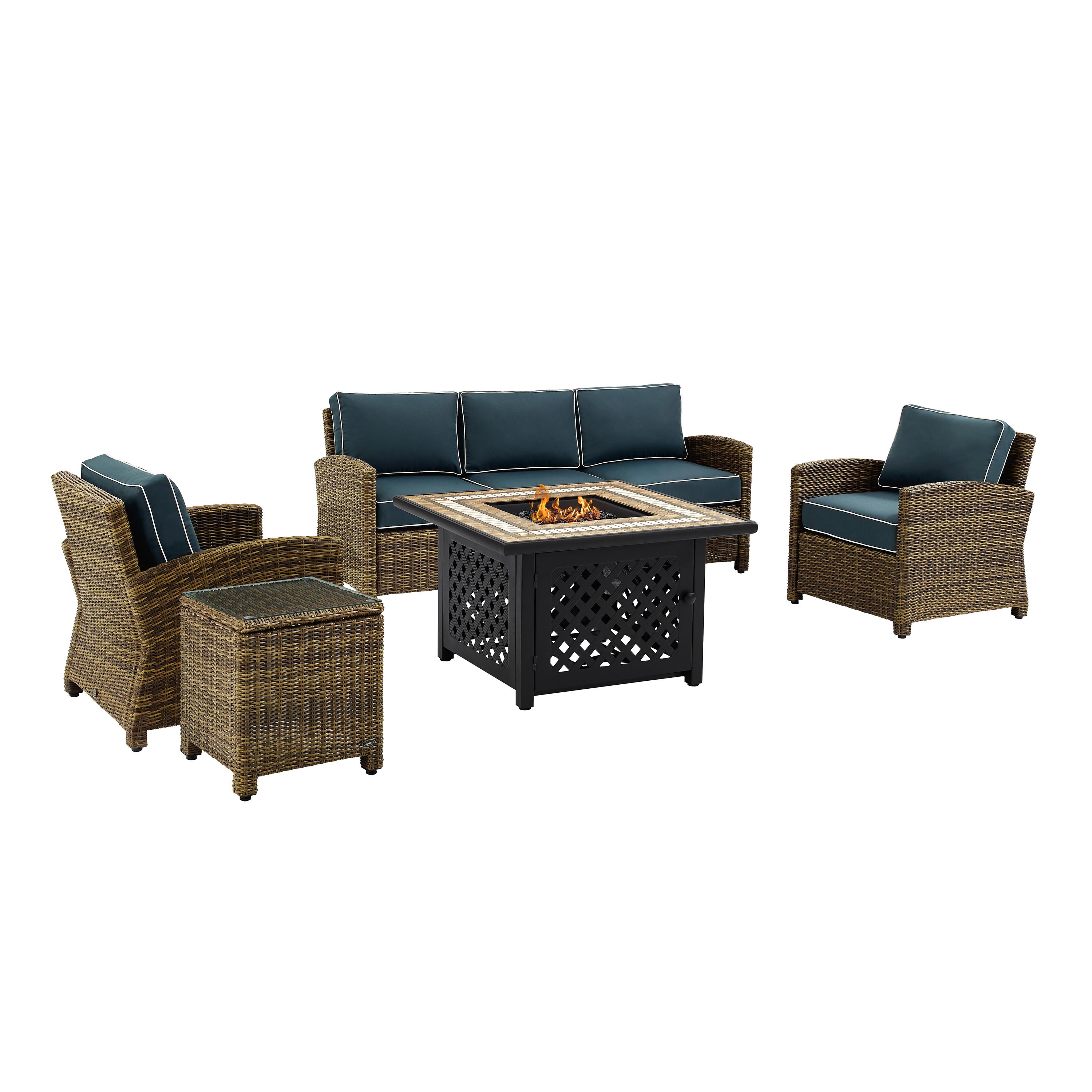 Crosley Furniture Bradenton 5Pc Patio Fabric Fire Pit Sofa Set in Brown and Navy - image 4 of 9