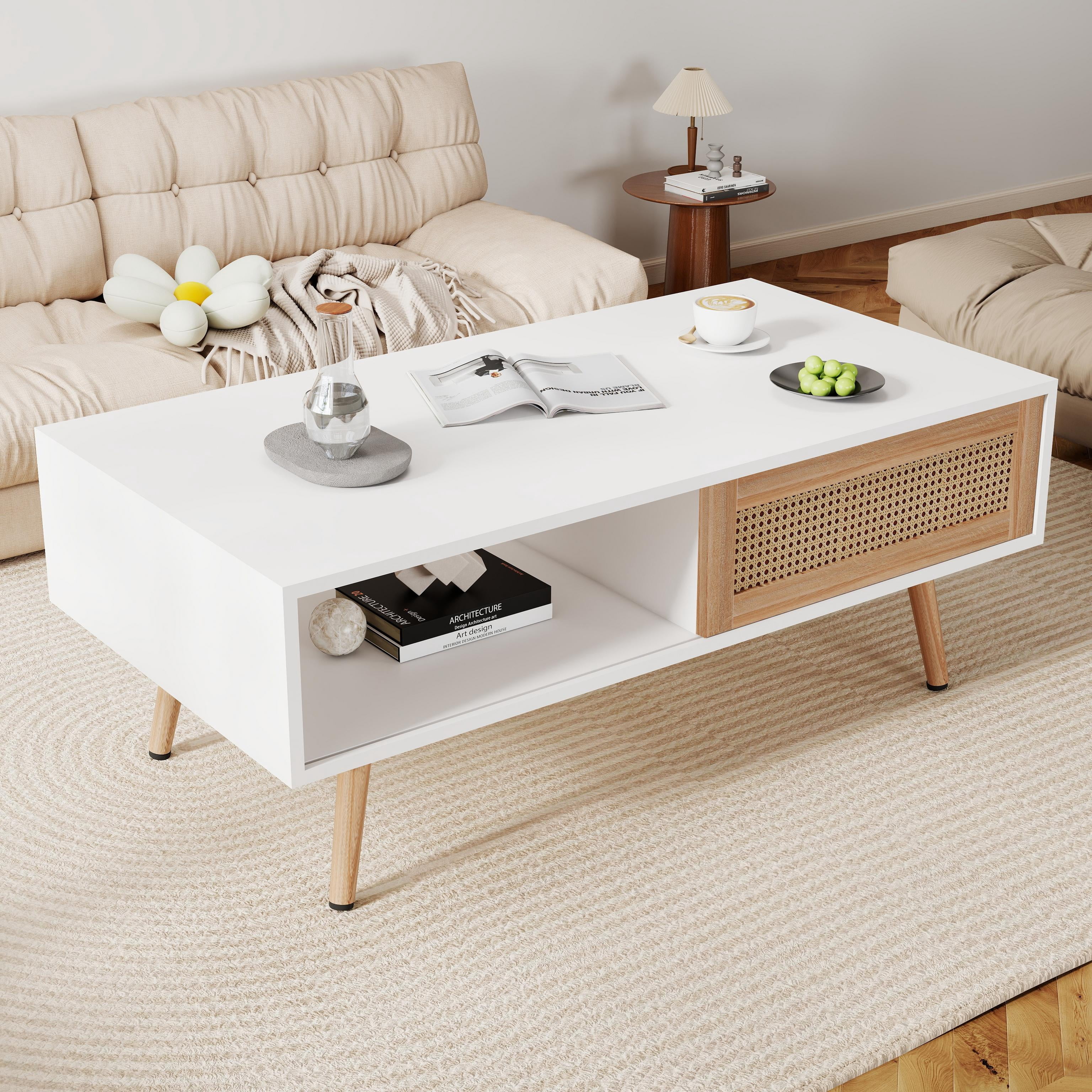 PAPROOS Rattan Coffee Table with Sliding Storage Door, Solid Wood Legs - Ideal for Living Rooms, White