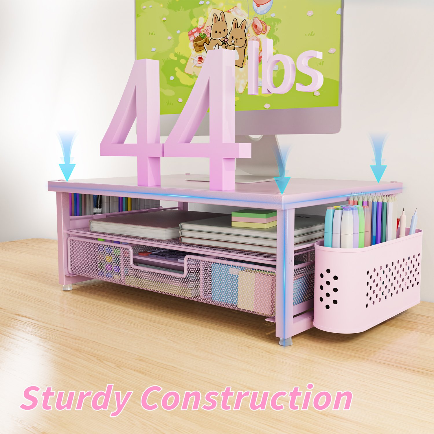 MEHOOM Desk Organizer, 3-Tier Monitor Stand with Storage and 2 Pen Holder, Laptop Stand, Office Desk Accessories for Office Supplies, Pink