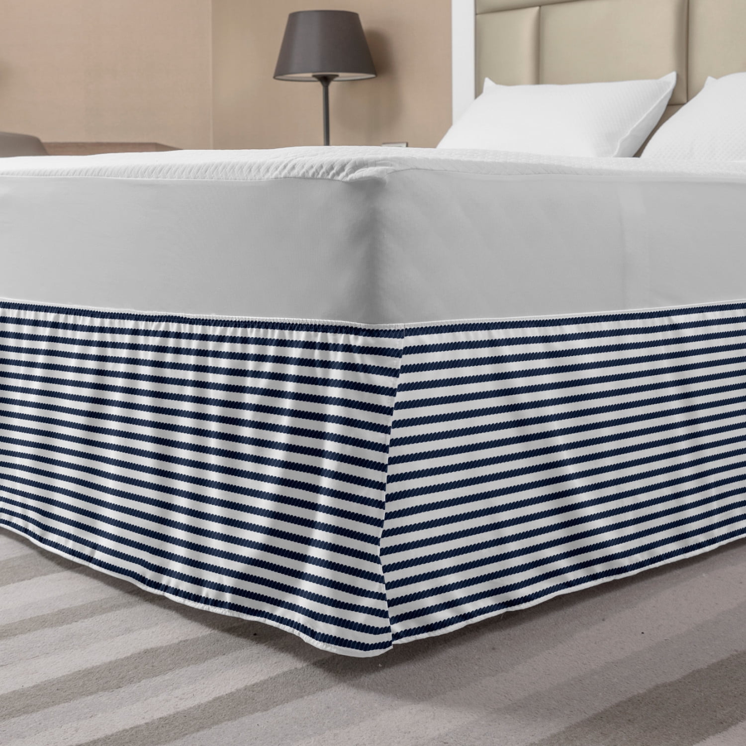 Navy Bed Skirt Nautical Rope In Horizontal Style Marine Sea Life Ocean Pacific Art Print Elastic Bedskirt Dust Ruffle Wrap Around For Bedding Decor 4 Sizes Violet Blue And White By Ambesonne