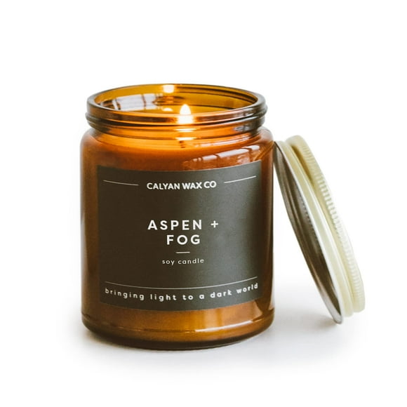 Calyan Wax Co. Soy Wax Candle, Aspen + Fog Scented Candle, 57 Hour Burn Time, Aromatherapy Soy Candles, Non Toxic & Vegan Soy Wax, Amber Glass Jar Scented Candles, 7.2oz