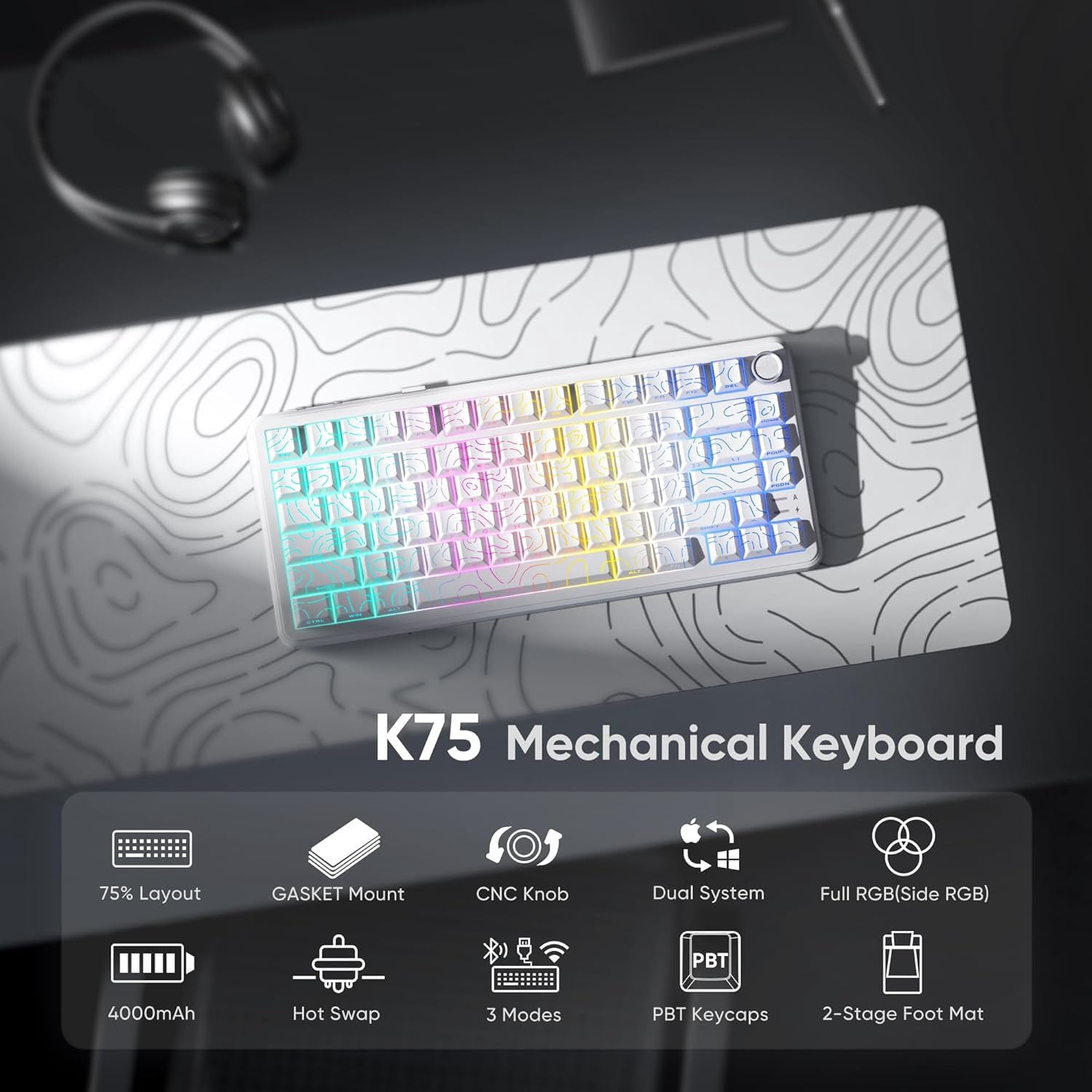 K75 Mechanical Keyboard, CNC Knob, Tri-Mode BT5.0/2.4GHz/USB-C Hot Swappable Custom, Pre-lubed Linear Coconut Switches, Gasket Structure, RGB Gaming Keyboard, White Contour Lines
