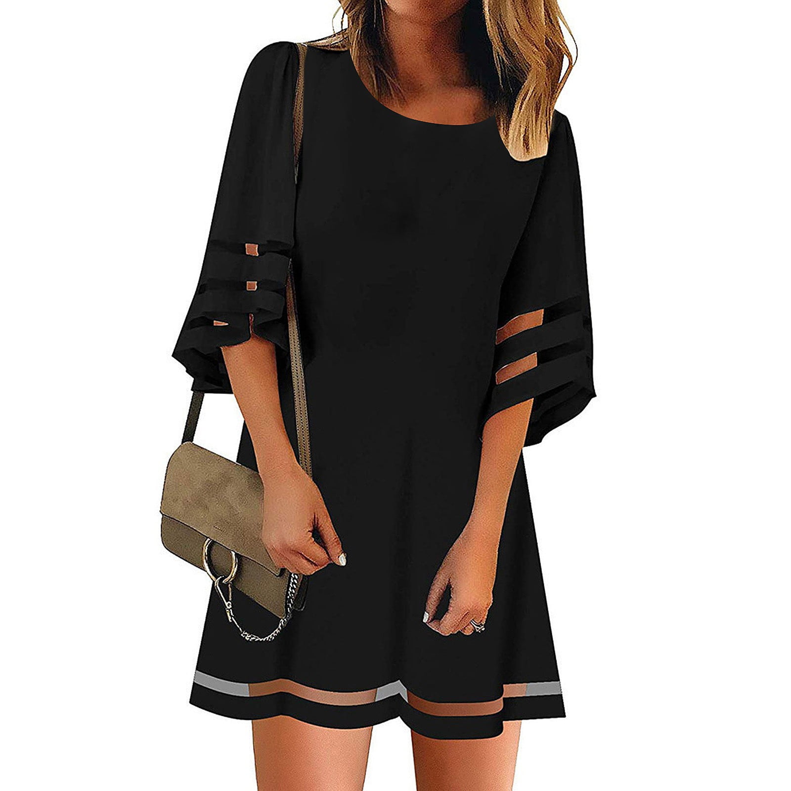 Women V-Neck T-Shirt Mini Dress {Mesh Panel Patchwork} 3/4 Bell Sleeve Solid Loose Tunic Tops Dresses Women V-Neck T-Shirt Mini Dress {Mesh Panel Patchwork} 3/4 Bell Sleeve Solid Loose Tunic Tops Dresses