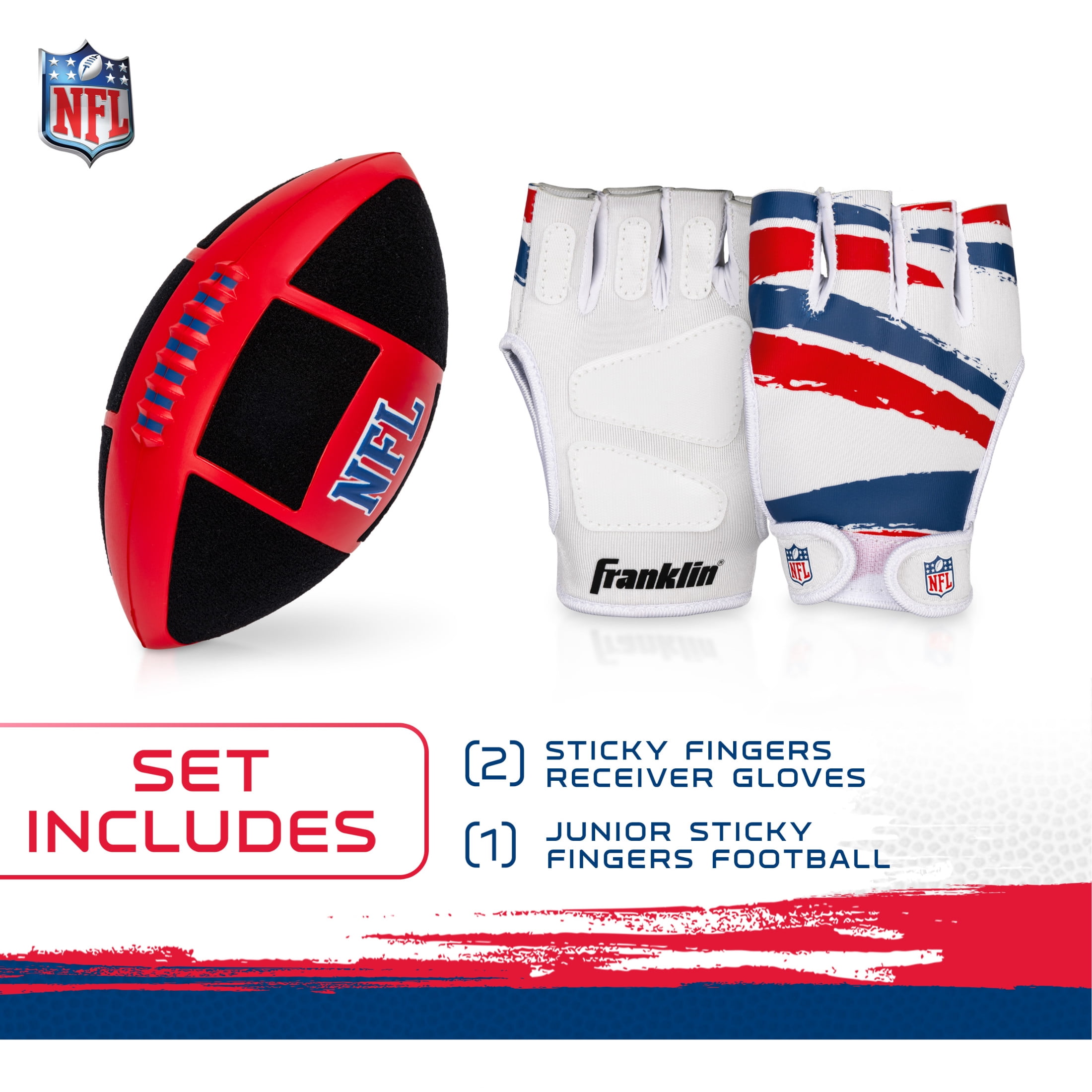 Franklin Sports NFL Kids Football + Receiver Glove Set - NFL Sticky Fingers Easy Catch Junior Ball+ Gloves - Foam Football with Self-Stick Cover