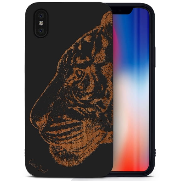 Case Yard Wooden Case for iPhone-X Soft TPU Silicone cover Slim Fit Shockproof Wood Protective Phone Cover for Girls Boys Men and Women Supports Wireless Charging Bengal Tiger Design