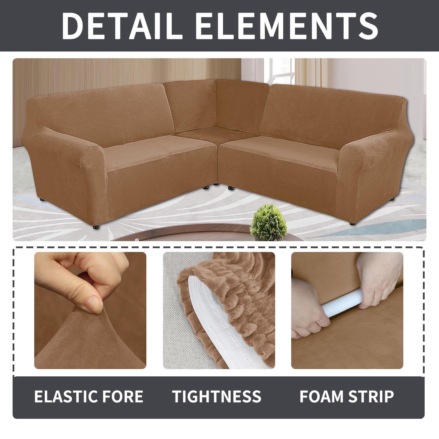 Eurhowing 5-Seater L-Shaped Sofa Cover, Stretch Velvet Soft Couch Slipcover for Sectional Corner Sofa, Non-Slip Furniture Protector, Leather Brown