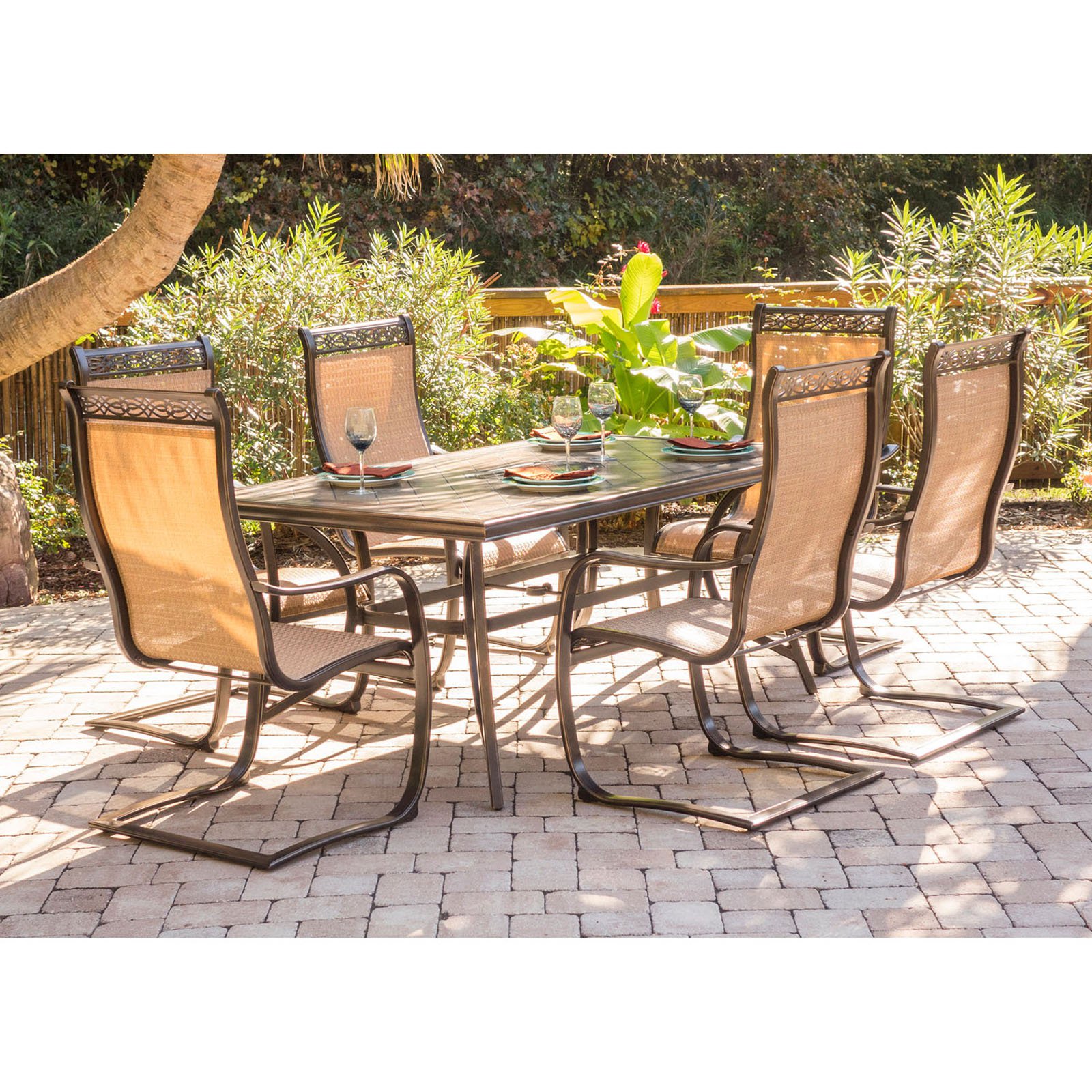 Hanover Outdoor Monaco 7-Piece Tile-Top Dining Set with Sling Chairs and Umbrella with Stand, Cedar - image 3 of 12